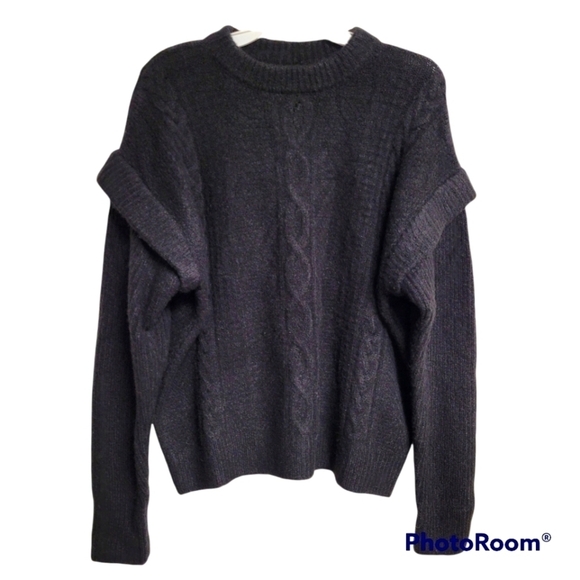 Elan Black Ruffle Drop Shoulder Long Sleeve Cable Knit Sweater Size Medium - Picture 3 of 8